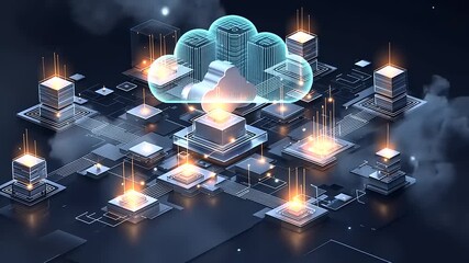 Futuristic digital landscape depicting cloud computing with glowing data centers and dynamic elements - Powered by Adobe