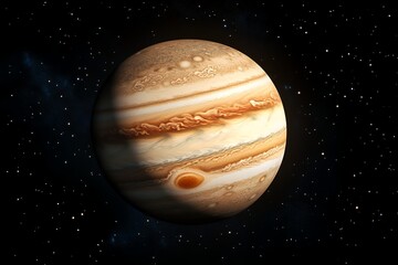 A stunning view of planet Jupiter with its iconic bands and Great Red Spot amidst a backdrop of stars