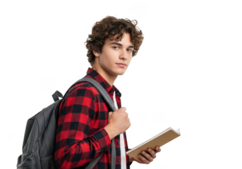 Young male student with curly brown hair wearing a red and black plaid shirt carrying a backpack and holding a book isolated on transparent background