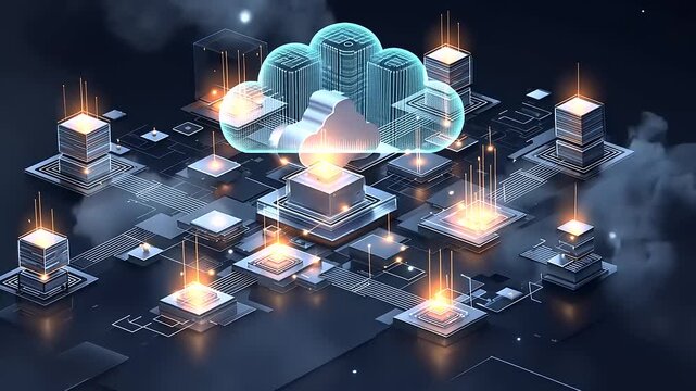 Futuristic digital landscape depicting cloud computing with glowing data centers and dynamic elements - Powered by Adobe