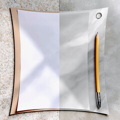 A yellow pencil rests on a translucent sheet of paper next to a blank white sheet, all laid out on a speckled surface.