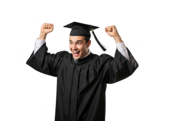 Excited young man wearing graduation cap and gown celebrating achievement with arms raised in triumph isolated on transparent background