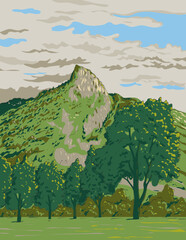 WPA style ukiyo-e or ukiyo illustration of Kofel, Matterhorn of Oberammergau in the Ammergau Alps Nature Park near Oberammergau, Bavaria, Germany done in retro works project administration style.
