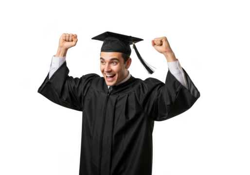 Excited young man wearing graduation cap and gown celebrating achievement with arms raised in triumph isolated on transparent background