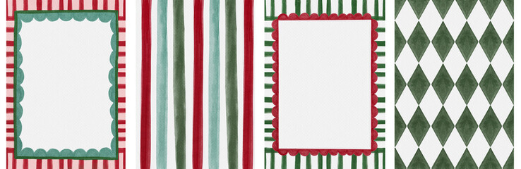 Festive Christmas frame template set, watercolor stripes, scalloped borders, and harlequin diamond backgrounds in red and green. Use for holiday invitations, greeting cards, posters, and print.