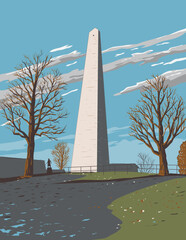 WPA style ukiyo-e or ukiyo illustration of the Bunker Hill Monument within Boston National Historical Park, Charlestown, Massachusetts USA done in retro works project administration style.