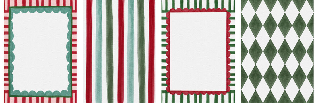Festive Christmas frame template set, watercolor stripes, scalloped borders, and harlequin diamond backgrounds in red and green. Use for holiday invitations, greeting cards, posters, and print.