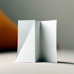 A blank white paper folded in half, with a textured surface and subtle speckles, is presented on a light-colored surface.