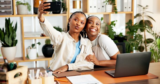 Selfie, laptop and black women in office with collaboration for eco friendly business with about us. Happy, memory and African sustainability coordinators with photography picture for company website