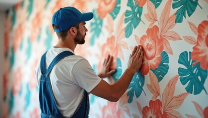 Man wears blue overalls, cap, applies tropical floral wallpaper to interior wall. Hands smooth out pattern with bright colours, updating room decor for stylish home refresh. Fresh design for modern