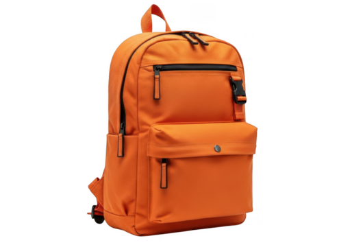 A vibrant orange backpack with multiple zippered compartments and adjustable straps presented as a solitary item isolated on transparent background