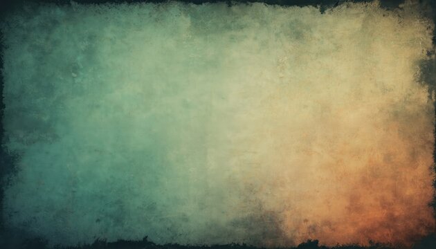 Abstract grunge texture with weathered look. Vintage background features muted teal and orange tones, distressed overlay, and soft vignette effect. Empty space for text overlay. Aged paper effect.