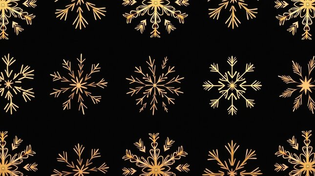 Golden snowflakes pattern on a black background for winter holidays