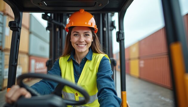 Woman in orange hard hat and yellow vest smiles driving forklift. She works in shipping container yard, operates heavy machine for cargo logistics. Industrial occupation, female worker, safety gear.