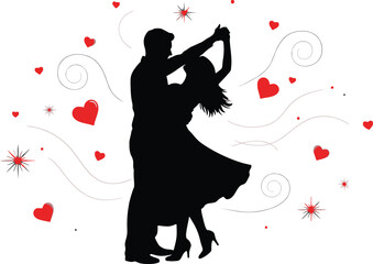 Silhouette of a couple dancing romantically, , with hearts and swirls.