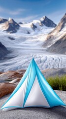 A solitary blue and white tent is pitched on a rocky terrain, overlooking a massive glacier and majestic snow-covered mountains.