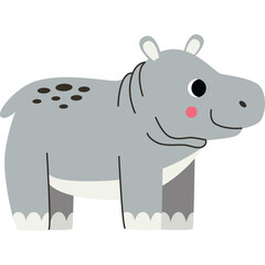 Cute cartoon hippopotamus illustration with grey body black spots and pink cheeks on a clean transparent background representing a friendly animal character for children educational content