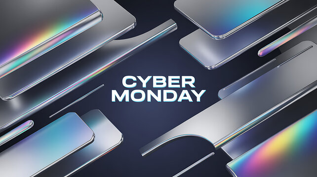 A modern cyber monday design features metallic shapes and a sleek, futuristic aesthetic, perfect for advertising sales and promotions with a hightech feel
