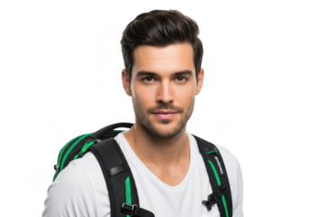 A handsome young man with dark hair and a short beard wearing a white t shirt and backpack isolated on transparent background