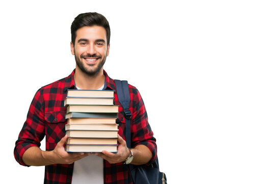 Smiling young man wearing a red plaid shirt holding a stack of books isolated on transparent background
