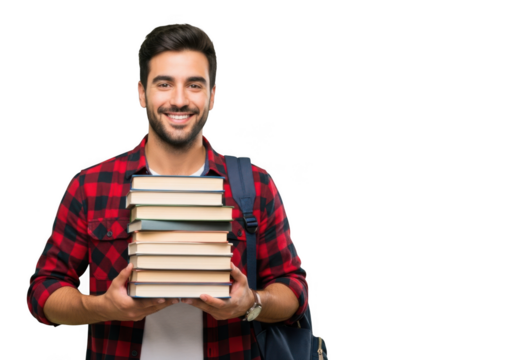 Smiling young man wearing a red plaid shirt holding a stack of books isolated on transparent background