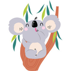 Cute Cartoon Koala Resting on a Tree Branch Surrounded by Green Leaves Simple and Whimsical Animal Illustration