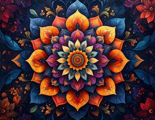 A vibrant, symmetric floral design radiating from a central point, showcasing a spectrum of bold colors against a dark background