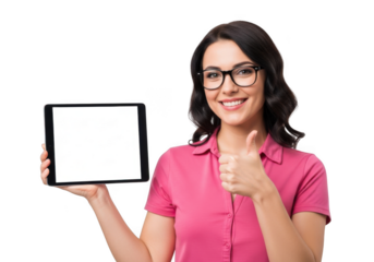 Smiling young woman wearing glasses holding a tablet device and giving a thumbs up gesture isolated on transparent background