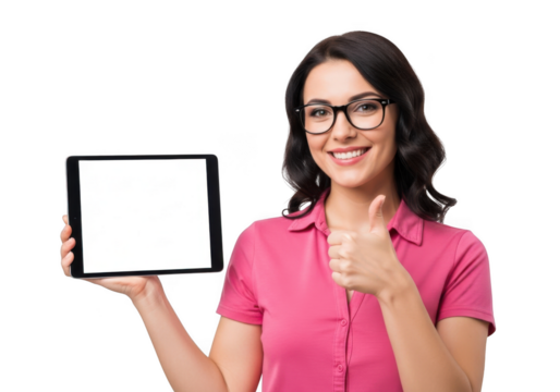 Smiling young woman wearing glasses holding a tablet device and giving a thumbs up gesture isolated on transparent background
