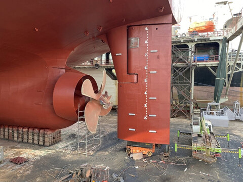 propeller and ruder of the cargo ship in dry dock 