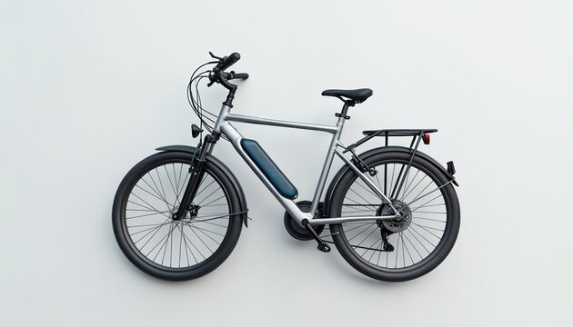 Silver electric bicycle with battery pack and rear rack is shown from above against a clean white backdrop. This modern cycle offers a stylish, eco-friendly way to travel.