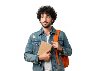 Young man with curly hair wearing a denim jacket holding a book and an orange backpack isolated on transparent background