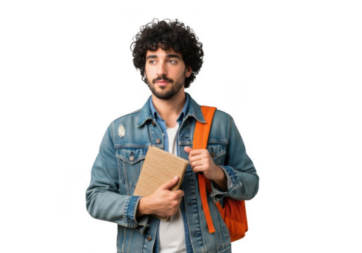 Young man with curly hair wearing a denim jacket holding a book and an orange backpack isolated on transparent background