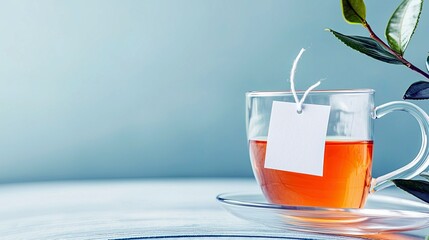 A clear glass mug filled with amber-colored tea sits on a saucer, with a blank white tag hanging from the tea bag and green leaves framing the scene.