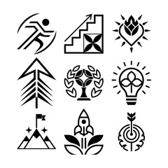 A clean, modern set of motivational flat icons representing growth, success, inspiration, and determination.