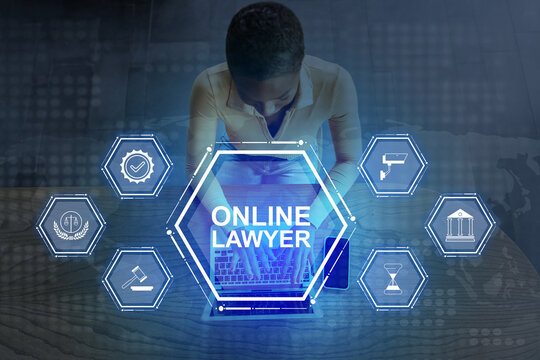 Legal professional providing online consultation with digital law icons