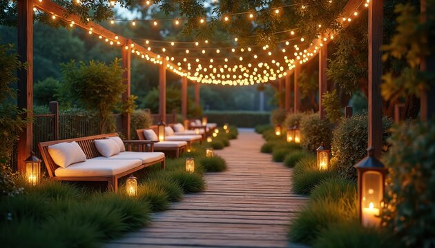 Garden with illuminated string lights wooden pathway with benches and lanterns. Romantic exterior backyard decor with candles illumination for a wedding. Evening outdoor event party at dusk.