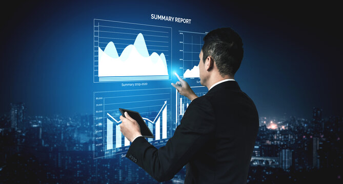 A business professional in a suit interacts with digital data visualizations, analyzing charts and reports against a city skyline at night. Impute