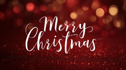 Elegant white merry christmas script text overlayed on a deep red bokeh background with glitter
