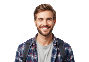 Smiling young adult male with beard and backpack wearing plaid shirt isolated on transparent background