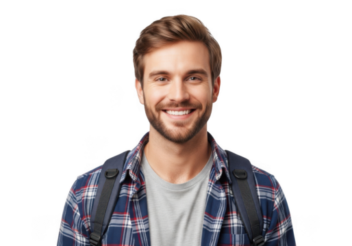 Smiling young adult male with beard and backpack wearing plaid shirt isolated on transparent background