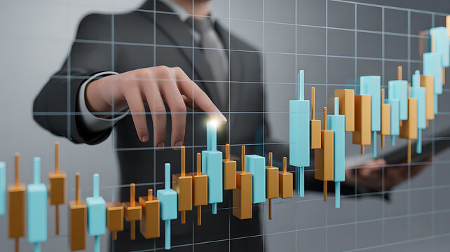 A businessman interacting with a digital stock market chart, indicating investment analysis and financial growth with a futuristic interface - Powered by Adobe