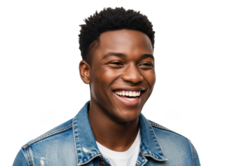 A young black man with a bright genuine smile wearing a denim jacket and white t shirt isolated on transparent background