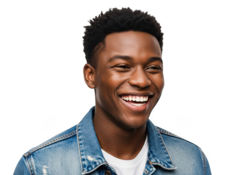 A young black man with a bright genuine smile wearing a denim jacket and white t shirt isolated on transparent background - Powered by Adobe
