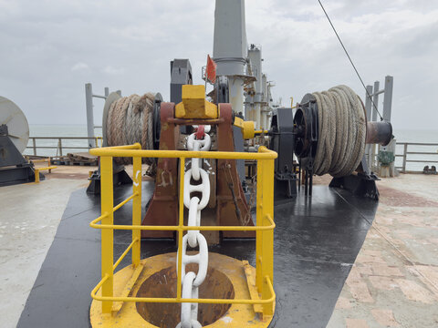 Forward mooring station of cargo ship showing windlass, mooring winches, ropes, and anchor chain. 2 anchor chain - Powered by Adobe