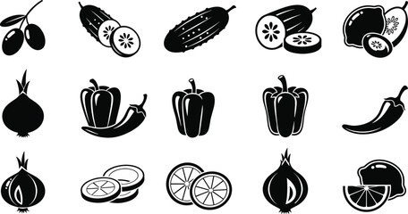 Fruit and vegetable icons, black and white vector, sliced food illustration, healthy eating symbols, kitchen design elements, organic produce art