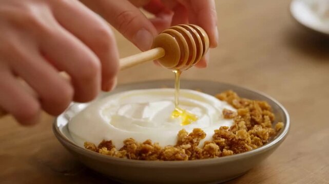 Healthy breakfast yogurt bowl with honey drizzle | Granola and Greek yogurt parfait | Morning fuel with natural sweetness

