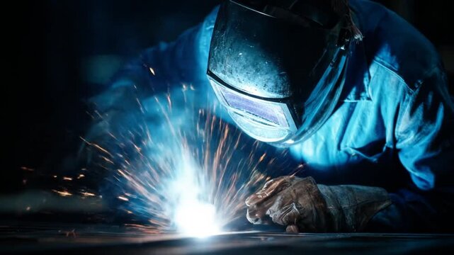 Professional welder working with bright sparks flying in a dark industrial environment, showcasing skilled metalwork and heavy manufacturing.
