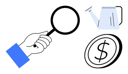 Hand holds magnifying glass inspecting watering can and coin symbol, representing investment, analysis, and financial growth. Ideal for finance, growth mindset, economy, research, productivity
