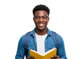 Smiling young african american man wearing glasses and backpack holding open yellow book isolated on transparent background
